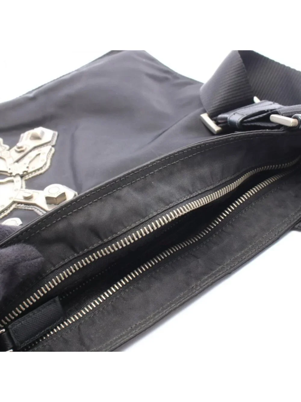 Prada Shoulder Bag Skull Studs Triangle Logo Black Silver Nylon Leather